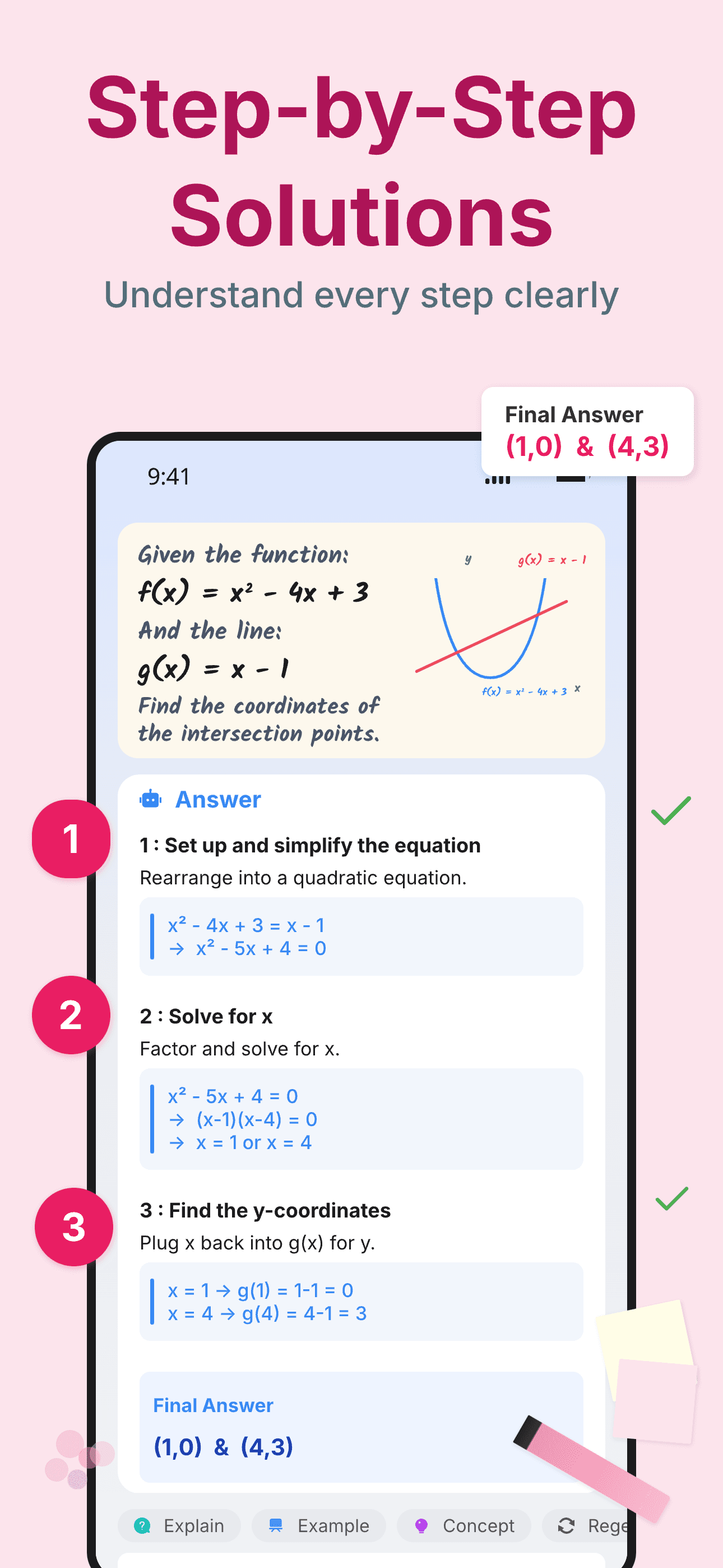 Solvify AI showing step-by-step solution for math problem with detailed explanations