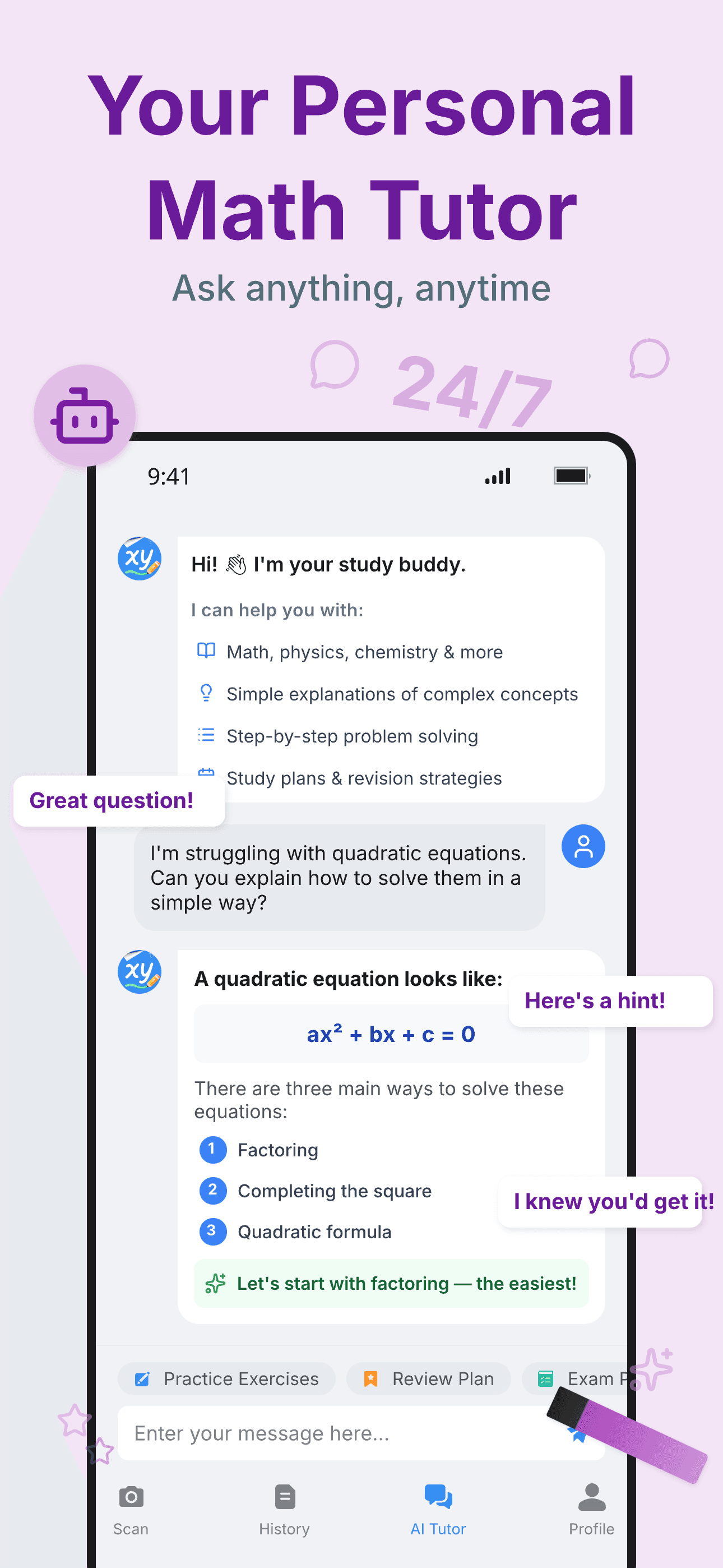 AI Tutor interface providing personalized homework assistance and explanations