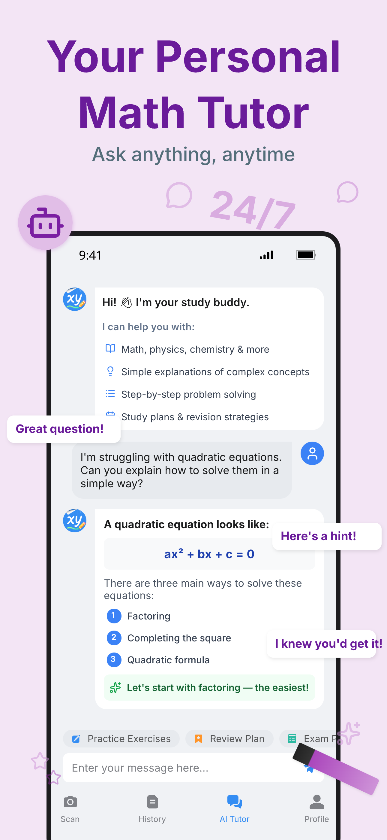 AI Tutor interface providing personalized homework assistance and explanations